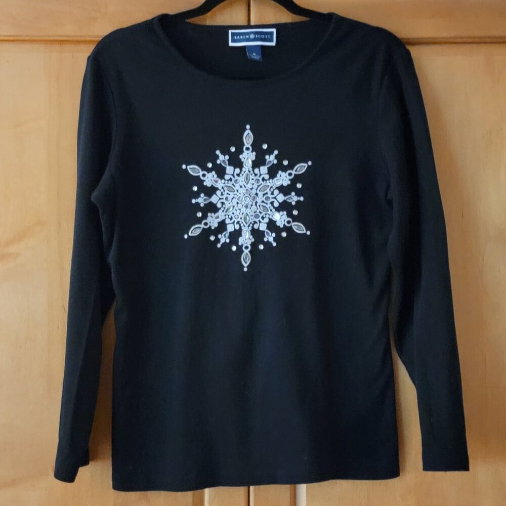 Karen Scott Black Blingy Snowflake Long Sleeved Tee - M